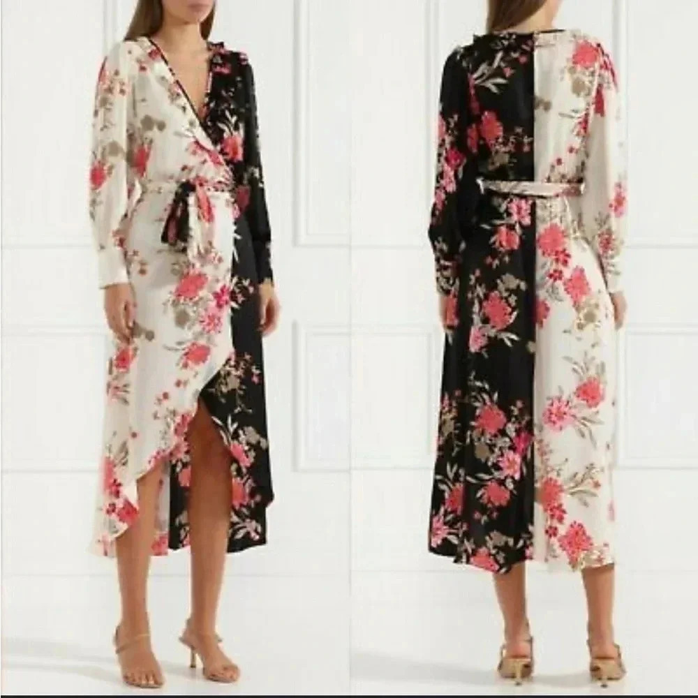 Misa Tabitha Floral Two Tone Satin Wrap Dress